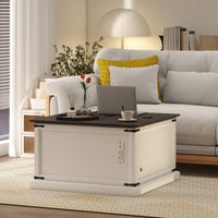 Lift Top Coffee Table with Charging Station, Square Farmhouse Center Table with Hidden Storage, White Wood Grain