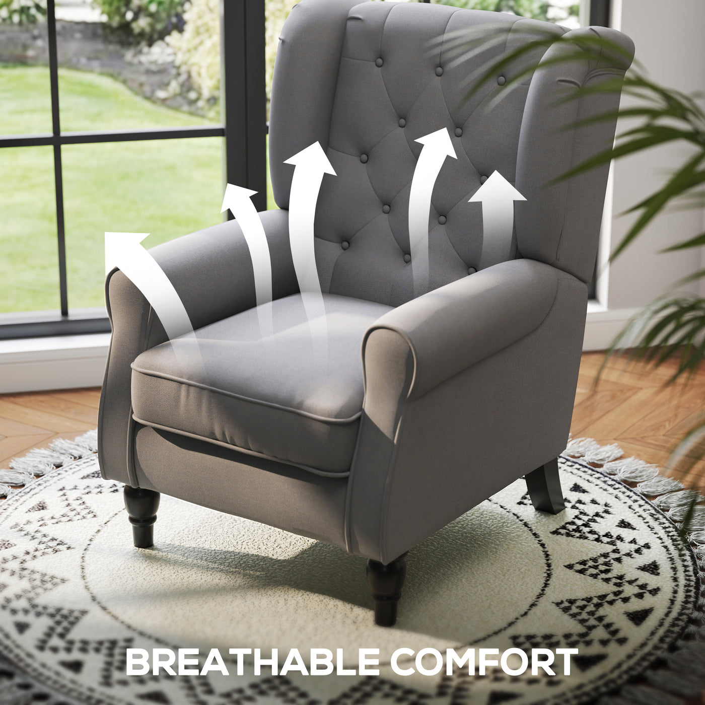 Fabric Accent Chair, Button Tufted Armchair, Armchair with Wood Legs, Thick Padding for Bedroom, Charcoal Grey