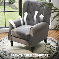 Fabric Accent Chair, Button Tufted Armchair, Armchair with Wood Legs, Thick Padding for Bedroom, Charcoal Grey