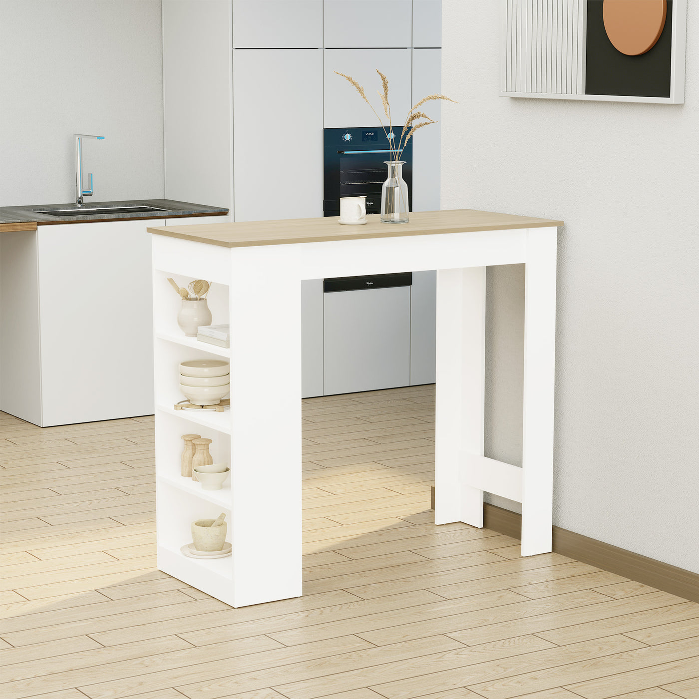 Bar Table, High Top Pub Table with 4 Storage Shelves, Modern Bar Height Table for Home Bar, Kitchen, Natural