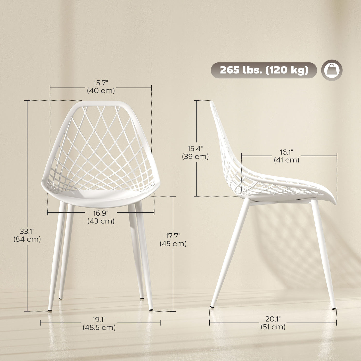 Modern Dining Chairs Set of 4, Plastic Kitchen Chairs with Hollow Backrest and Metal Legs for Living Dining Room, White