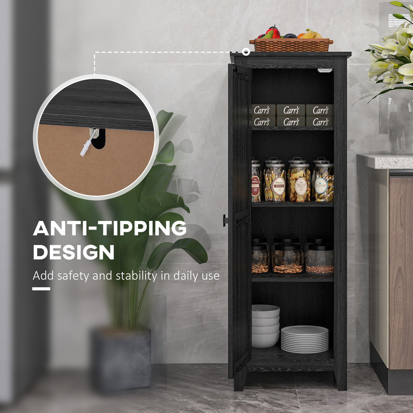 48" Farmhouse Kitchen Pantry Storage Cabinet with Barn Door, Kitchen Pantry Cabinet with Adjustable Shelves, Black