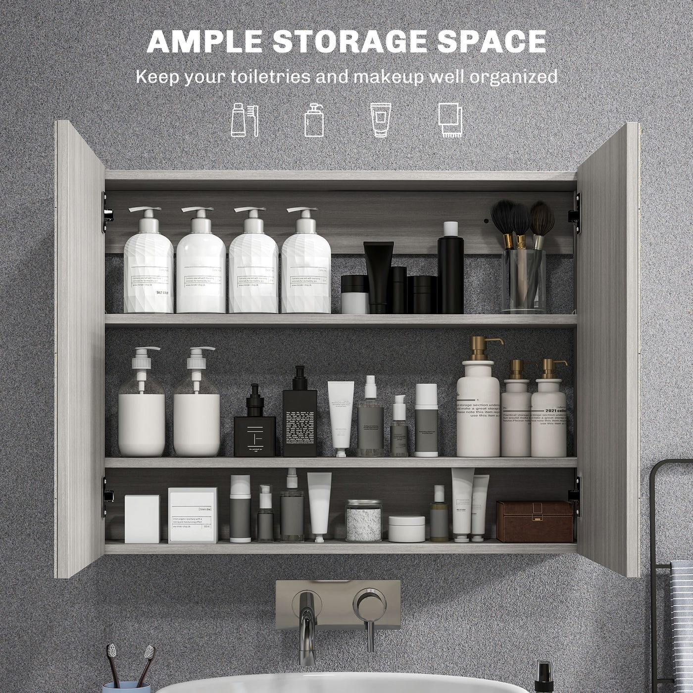 Bathroom Mirror Cabinet, Wall-Mounted Storage Organizer with Double Doors, Adjustable Shelf, Grey