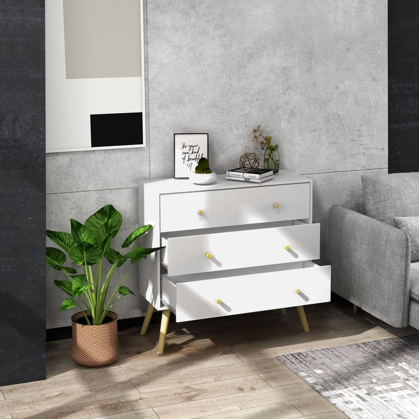 White Dresser for Bedroom with 3 Drawers, Morden Chest of Drawers with Solid Wood Legs and Handles, Storage Organizer for Living Room, White