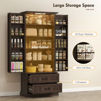 72" LED Kitchen Pantry Cabinet, Buffet Storage Cabinet with 10 Door Shelves, 2 Drawers and Adjustable Shelves, Brown