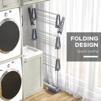 3-Tier Foldable Clothes Drying Rack, Stainless Steel Laundry Rack with 2 Side Wings and 6 Castors, Collapsible Adjustable Clothes Airer for Indoor Outdoor, Grey
