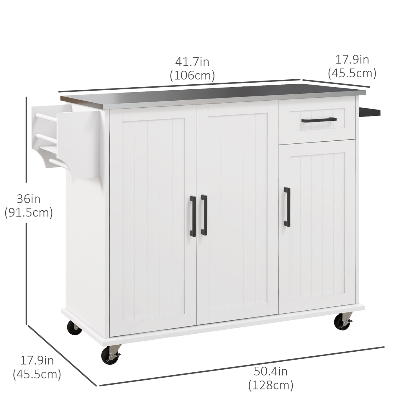 Kitchen Island with Storage, Rolling Kitchen Cart on Wheels, Kitchen Island with Storage, Drawer, 3 Cabinets, Stainless Steel Countertop, Spice Rack and Towel Rack, White