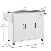 Kitchen Island with Storage, Rolling Kitchen Cart on Wheels, Kitchen Island with Storage, Drawer, 3 Cabinets, Stainless Steel Countertop, Spice Rack and Towel Rack, White