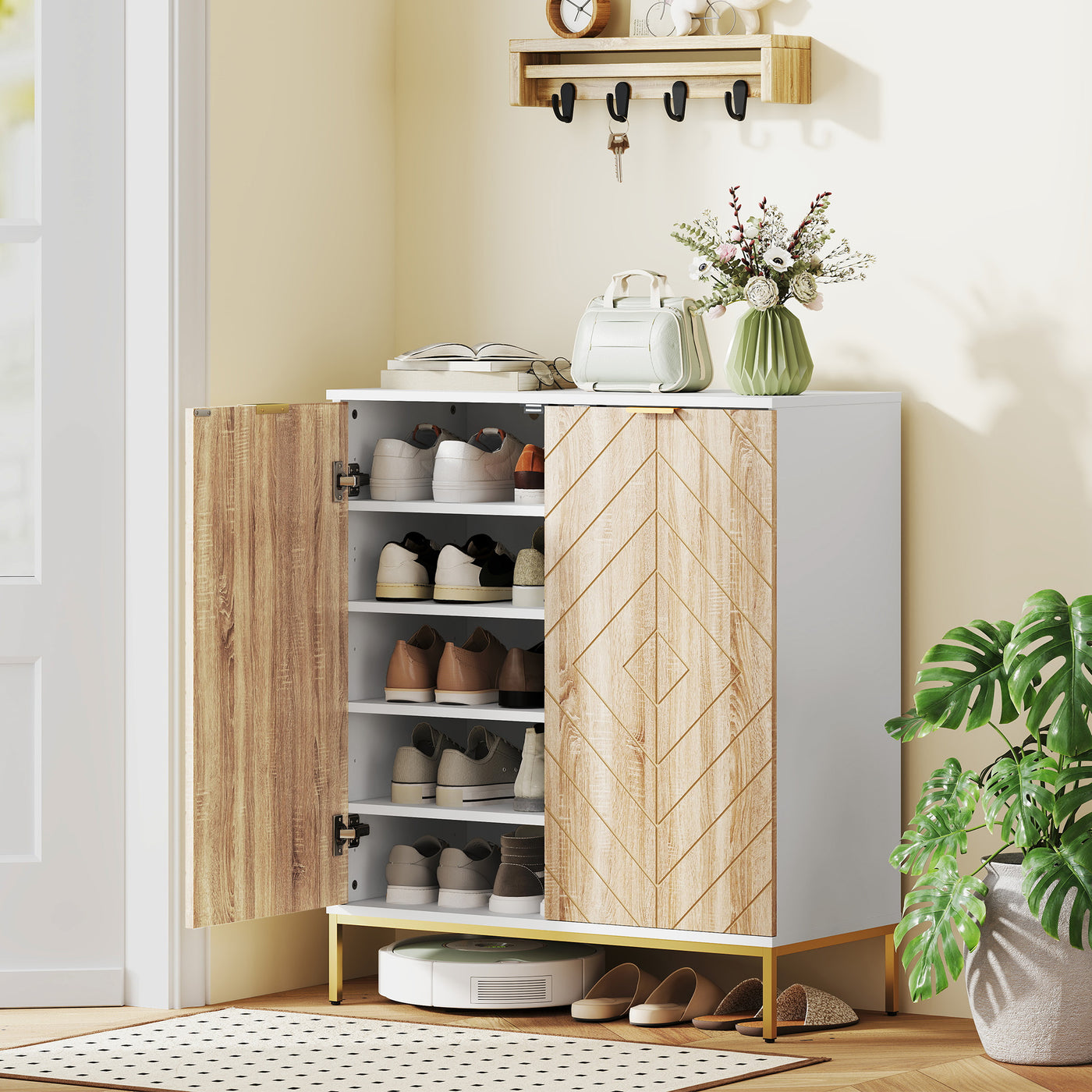 Shoe Storage Cabinet for 15 Pairs, Freestanding Shoe Cabinet with Doors and Adjustable Shelves for Hallway, White