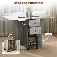Drop Leaf Dining Table, Mobile Folding Table on Wheels with Drawers and Cabinet for Dining Room, Kitchen, Grey