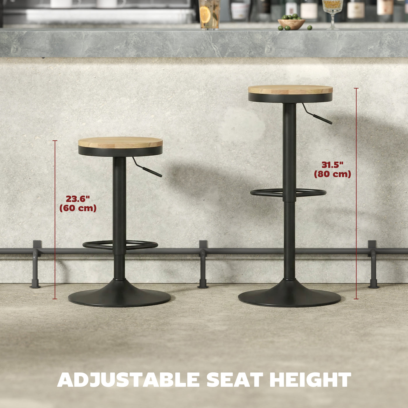 Wood Barstools Set of 2, Swivel Bar Stools with Adjustable Height for Kitchen Counter, Natural Wood and Black