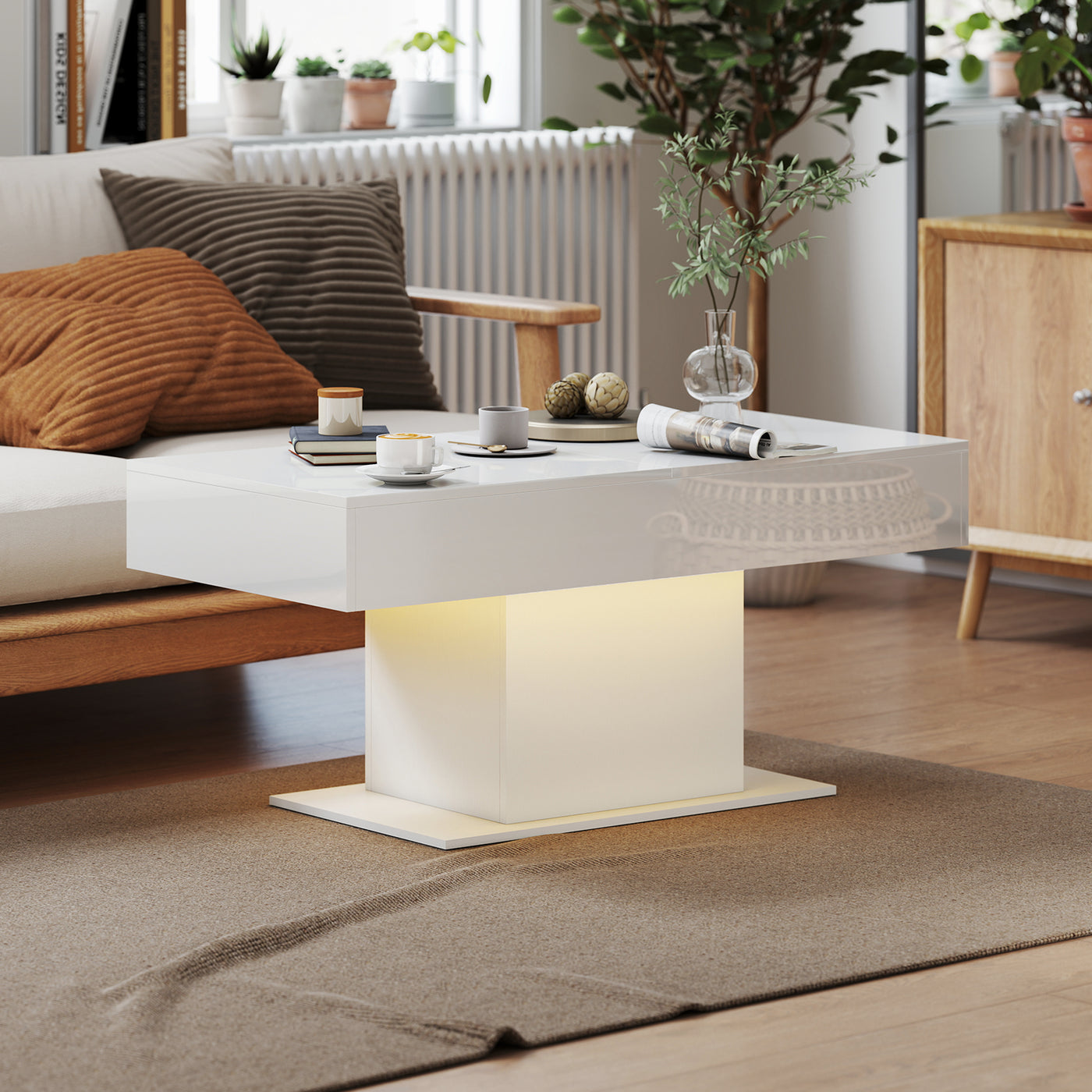 Extendable Coffee Table with LED Lights, Modern High Gloss Center Table with Hidden Storage for Living Room, White