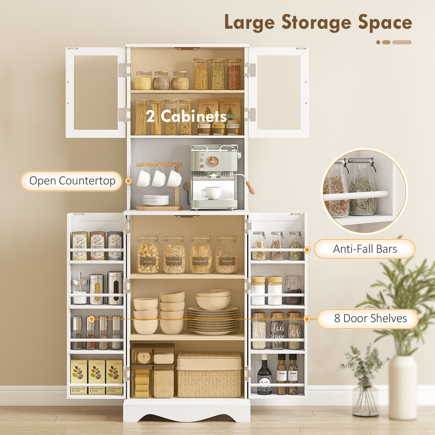 71" Kitchen Pantry Cabinet, Freestanding Kitchen Hutch with 8 Door Shelves, Adjustable Shelf and Acrylic Doors, White