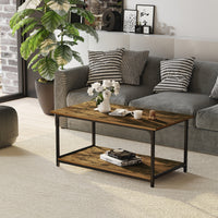 Industrial Coffee Table with Storage Shelf, 2-tier Center Table for Living Room, Rustic Brown