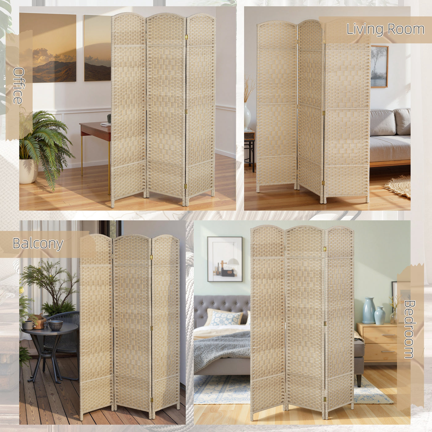 6 Ft Tall Folding Room Divider, 3 Panel Portable Privacy Screen, Hand-Woven Partition Wall Divider, Light Oak