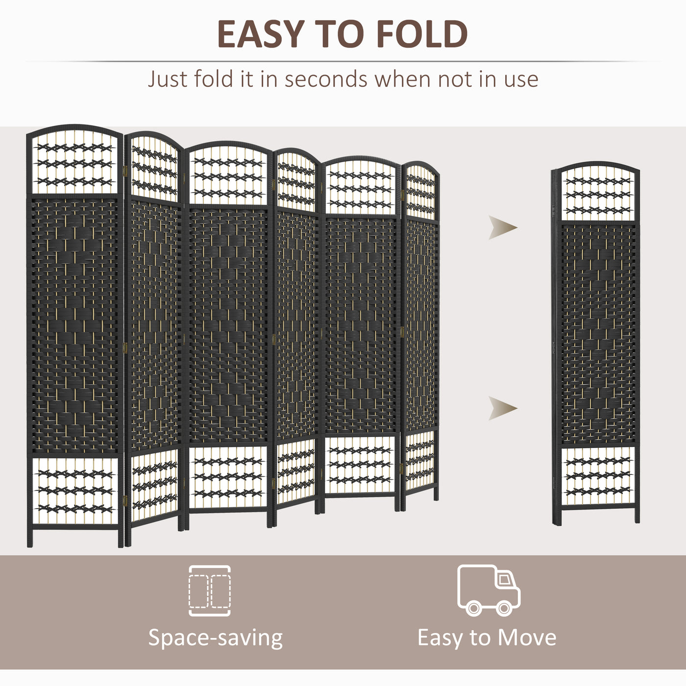 6 Panel Folding Room Divider, Portable Privacy Screen, Wave Fiber Room Partition for Home Office, Black