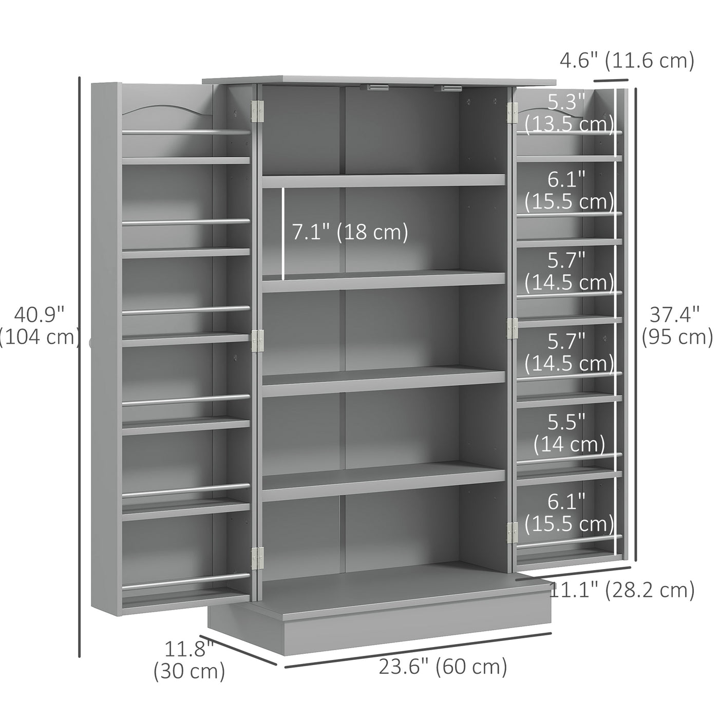 41" Storage Cabinet, 2-Door Kitchen Pantry Cabinet with 5-tier Shelving, 12 Spice Racks and Adjustable Shelves, Grey