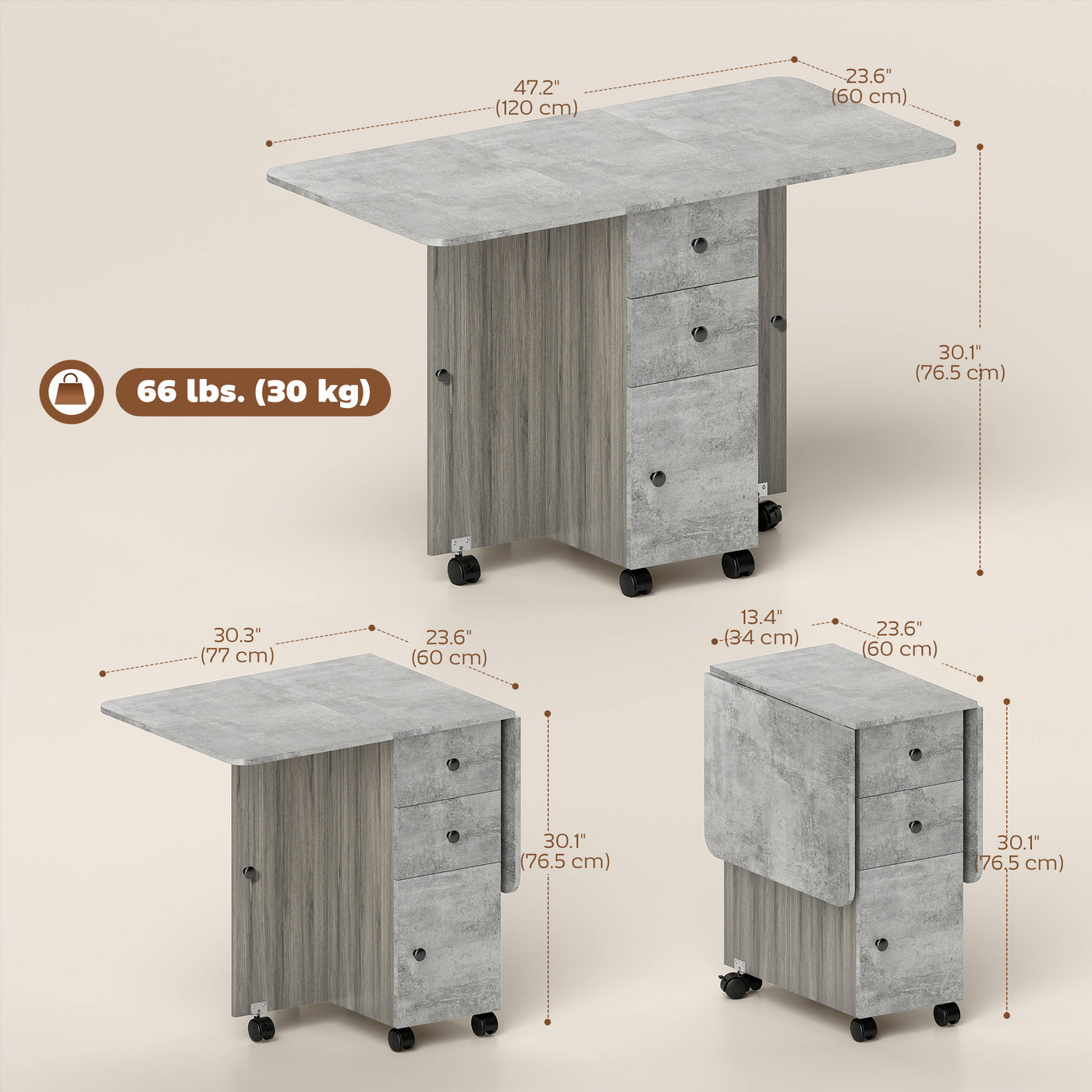 Drop Leaf Dining Table, Mobile Folding Table on Wheels with Drawers and Cabinet for Dining Room, Kitchen, Grey