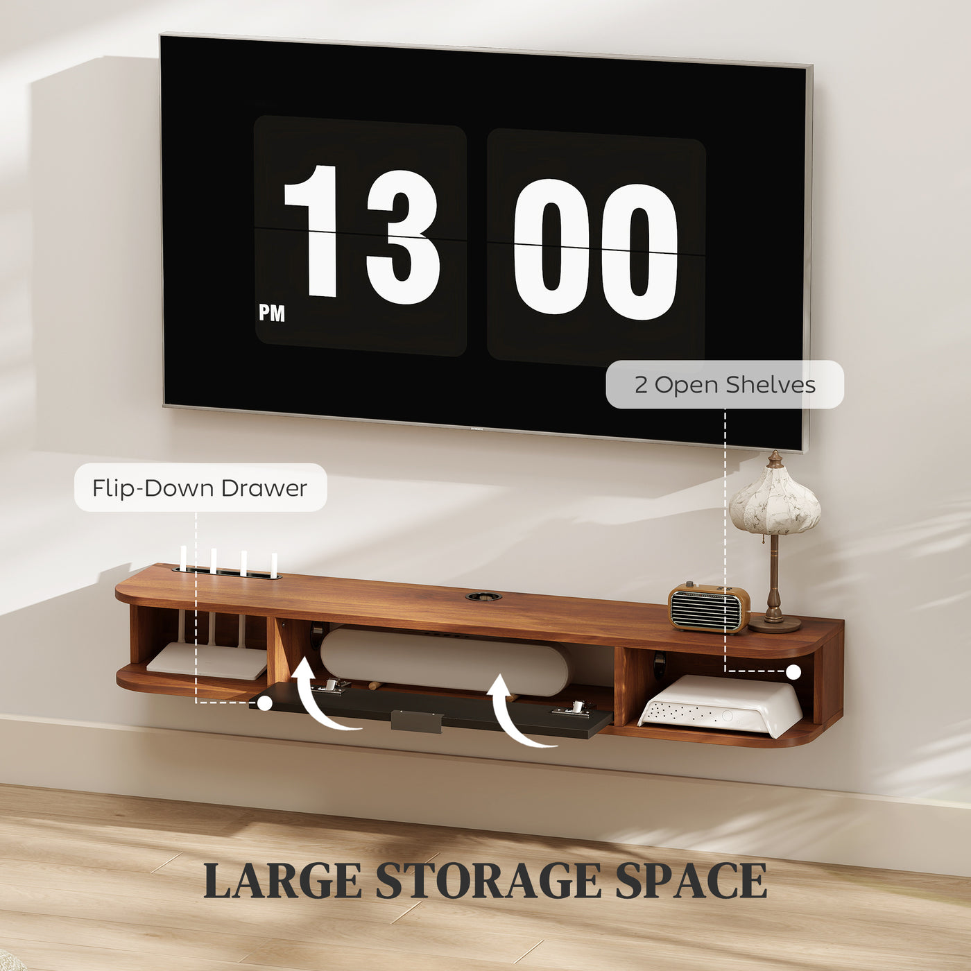 47" Floating TV Stand for TVs up to 50 Inch, Wall Mounted Media Console with Flip Drawer and 2 Open Shelves, Walnut