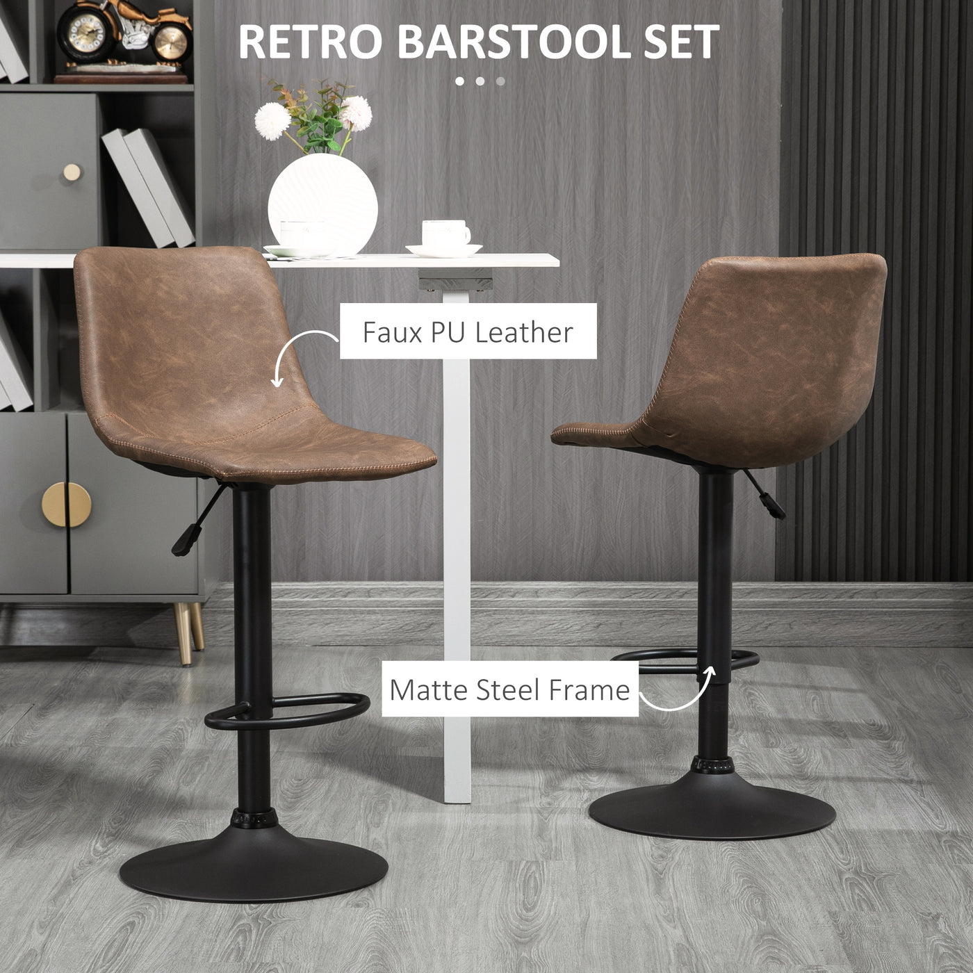 Adjustable Counter Height Bar Stools Set of 2, 360° Swivel Kitchen Counter Stools Dining Chairs with Backs, Vintage Leather, Brown