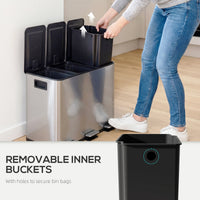 Garbage Bin, Soft-Close Trash Can with Foot Pedal, 3x5 Gallon (3x20 L) Garbage Can with Removable Inner Buckets, Silver