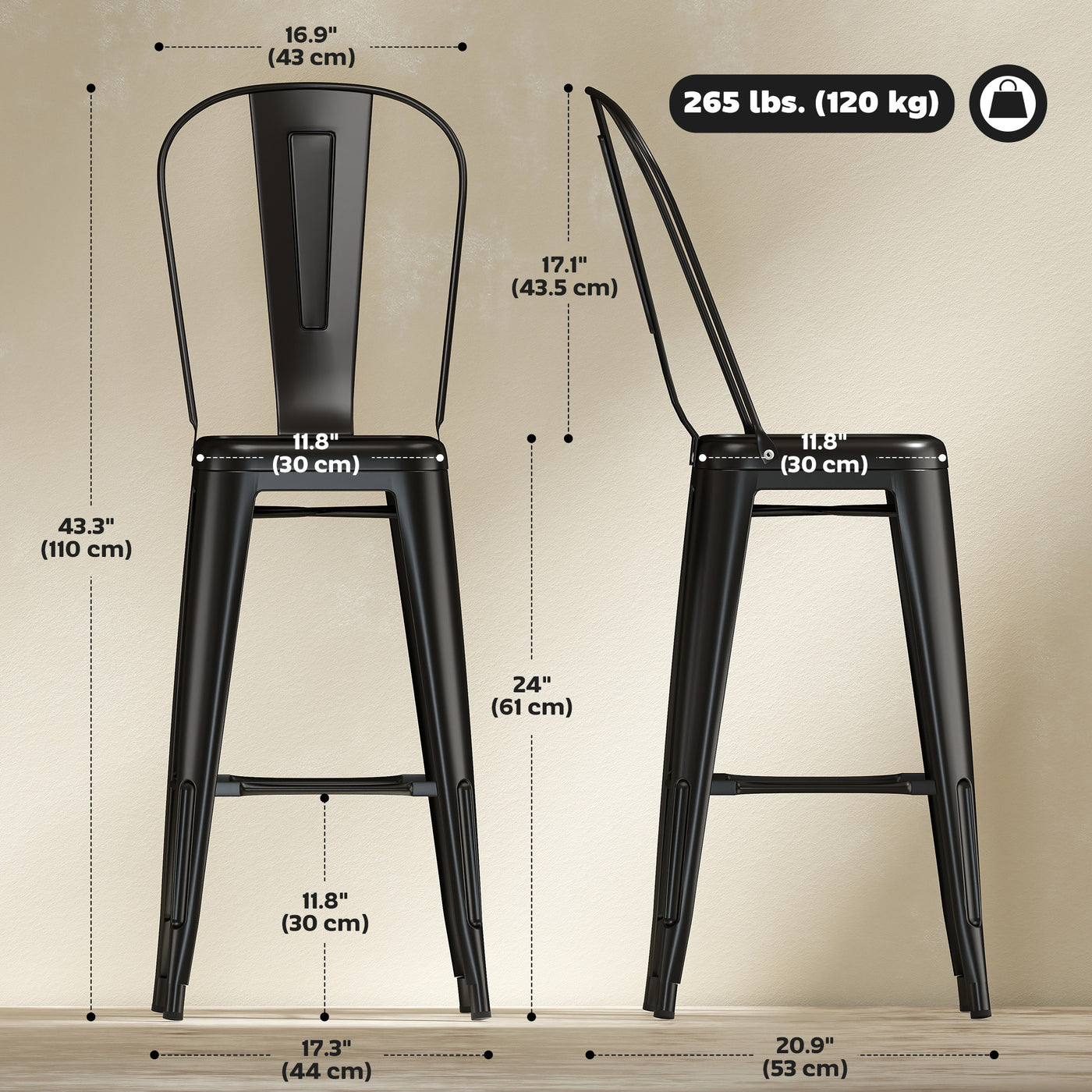 24" Set of 4 Bar Stools Kitchen Industrial Breakfast Bistro Cafe Metal Frame Black