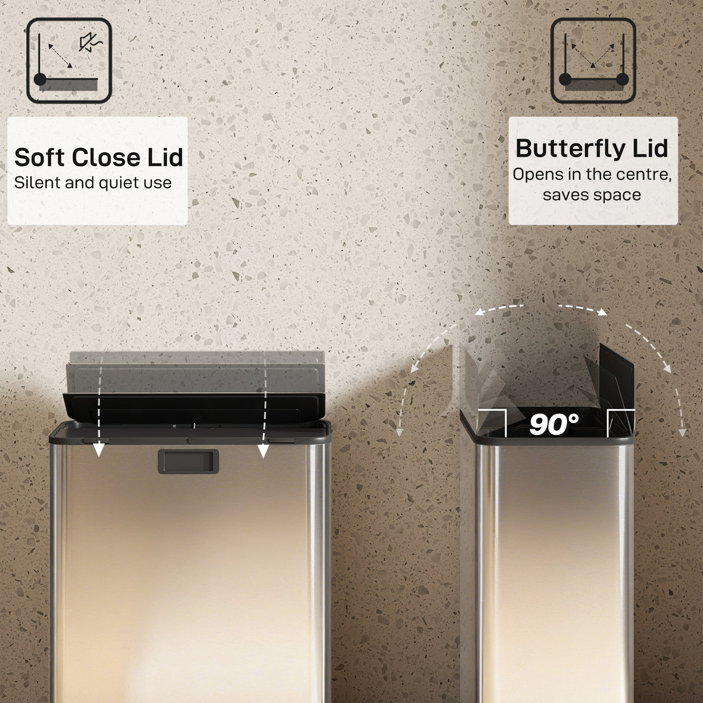 Dual Trash Can with Soft-Close Lid, Garbage Can with Removable Inner Bucket for Kitchen 2 x 7.4 Gal (2 x 28 L), Silver