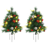 2.5ft 2 Pieces Prelit Artificial Christmas Tree with LED Light Mini Xmas Tree with Small Berry Pine Needles Pinecones Decorations for Garden