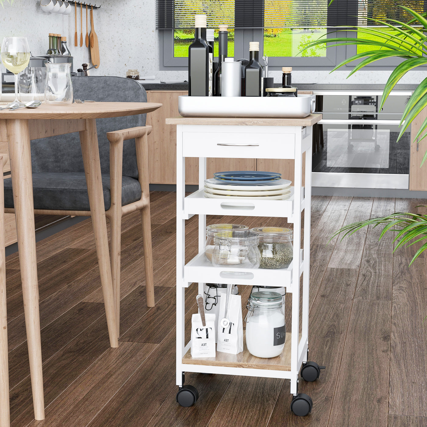 Bar Cart, 4-Tier Kitchen Cart with Removable Serving Tray, Kitchen Shelves on Wheels with Drawer for Dining Room, Living Room, White