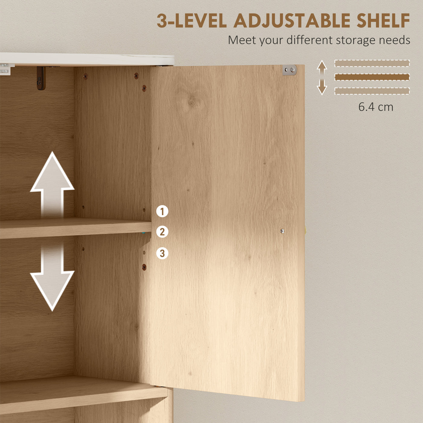 Over The Toilet Storage Cabinet with Adjustable Shelf, Open Shelf and Adjustable Bottom Bar, Oak