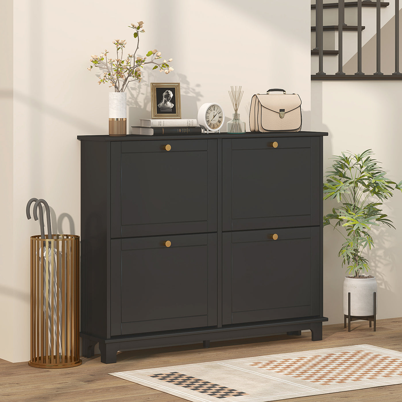 Modern Shoe Storage Cabinet, Narrow Shoe Cabinet with 4 Flip Drawers, Adjustable Shelves, 5 Legs for Entryway, Black
