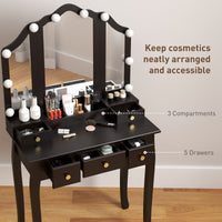 Makeup Vanity Desk with Mirror and Stool, Vanity Set with 10 LED Lights, 5 Drawers and 3 Compartments, Black