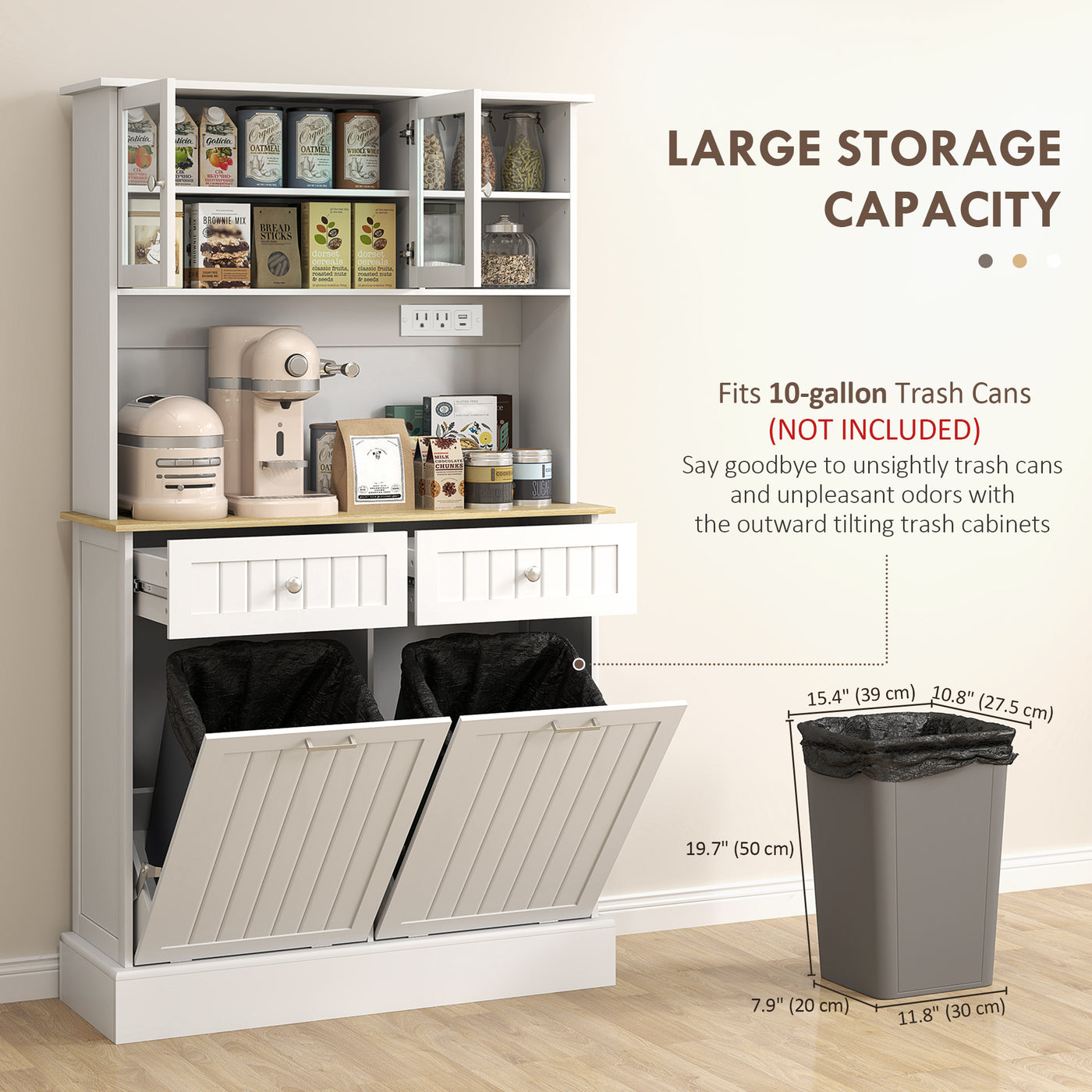 Kitchen Cabinet with Charging Station, 2 Tilt Out Cabinets, Microwave Stand, Freestanding Kitchen Pantry Cabinet, White