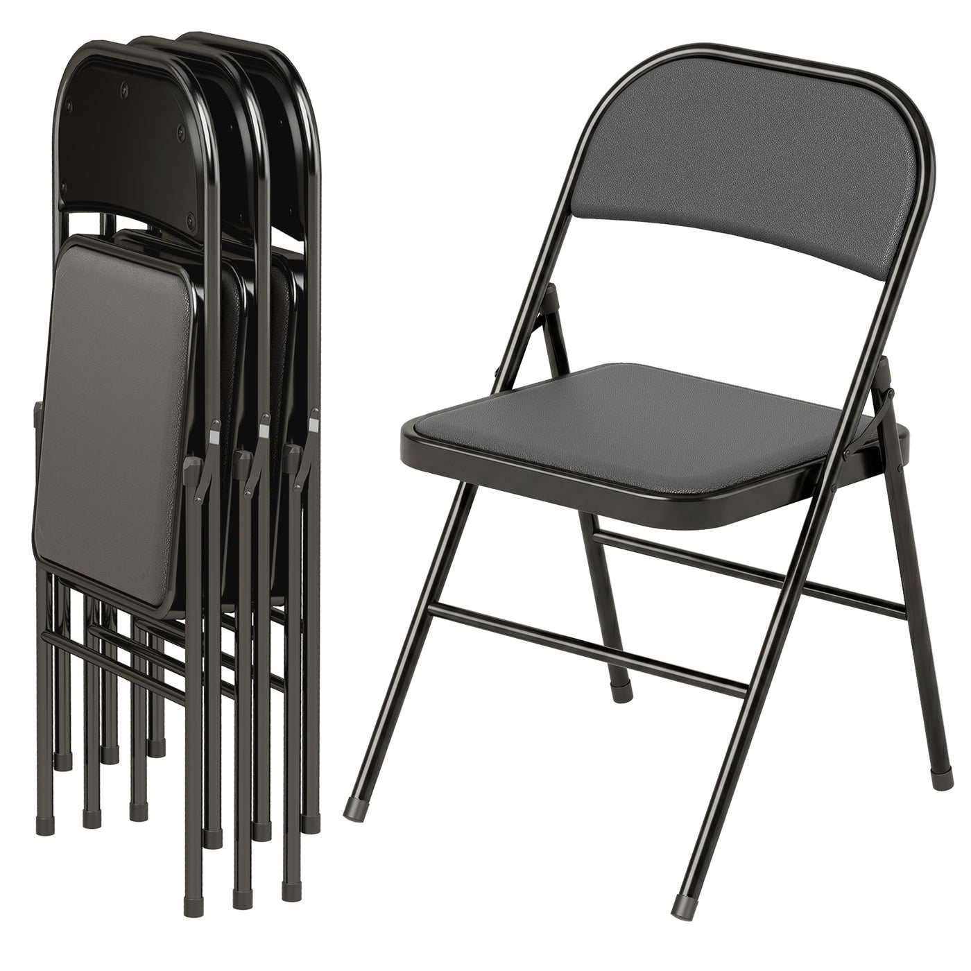 Set of 4 Metal Foldable Chairs, PU Leather Padded Folding Chairs with Cushion Seat and Open Back for Indoor, Black