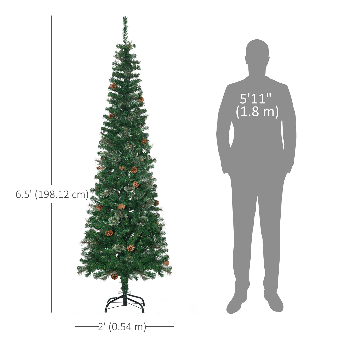 6.5ft Pencil Christmas Tree, Artificial Christmas with Pine Needles, Realistic Branches, Pine Cones, Metal Base, Green