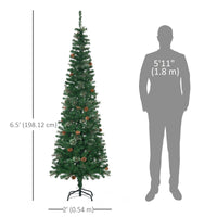 6.5ft Pencil Christmas Tree, Artificial Christmas with Pine Needles, Realistic Branches, Pine Cones, Metal Base, Green