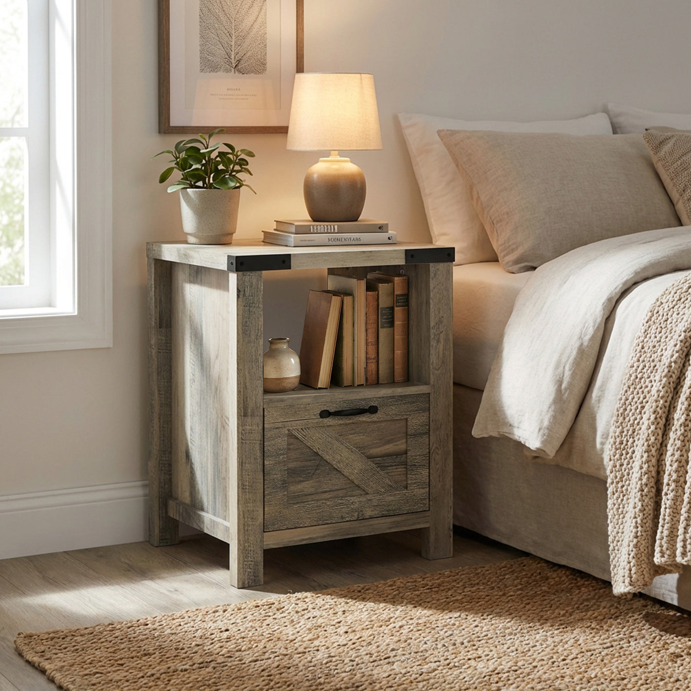 Small Side Table with Storage, Farmhouse End Table with Drawer, Open Shelf and Barn-style Panel, Nightstand for Living Room, Bedroom, Grey