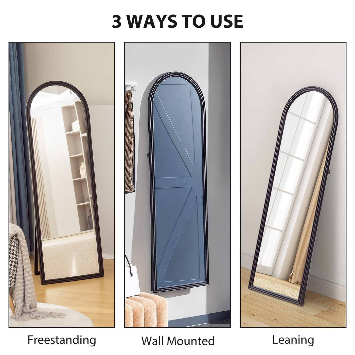 64" x 21" Full Length Mirror, Free Standing, Leaning or Wall, Arched Full Body Mirror, Brown Wood Grain