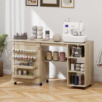 Sewing Machine Table with Drop Leaf, Folding Craft Table Rattan Door and Storage Shelves for Small Spaces, Natural