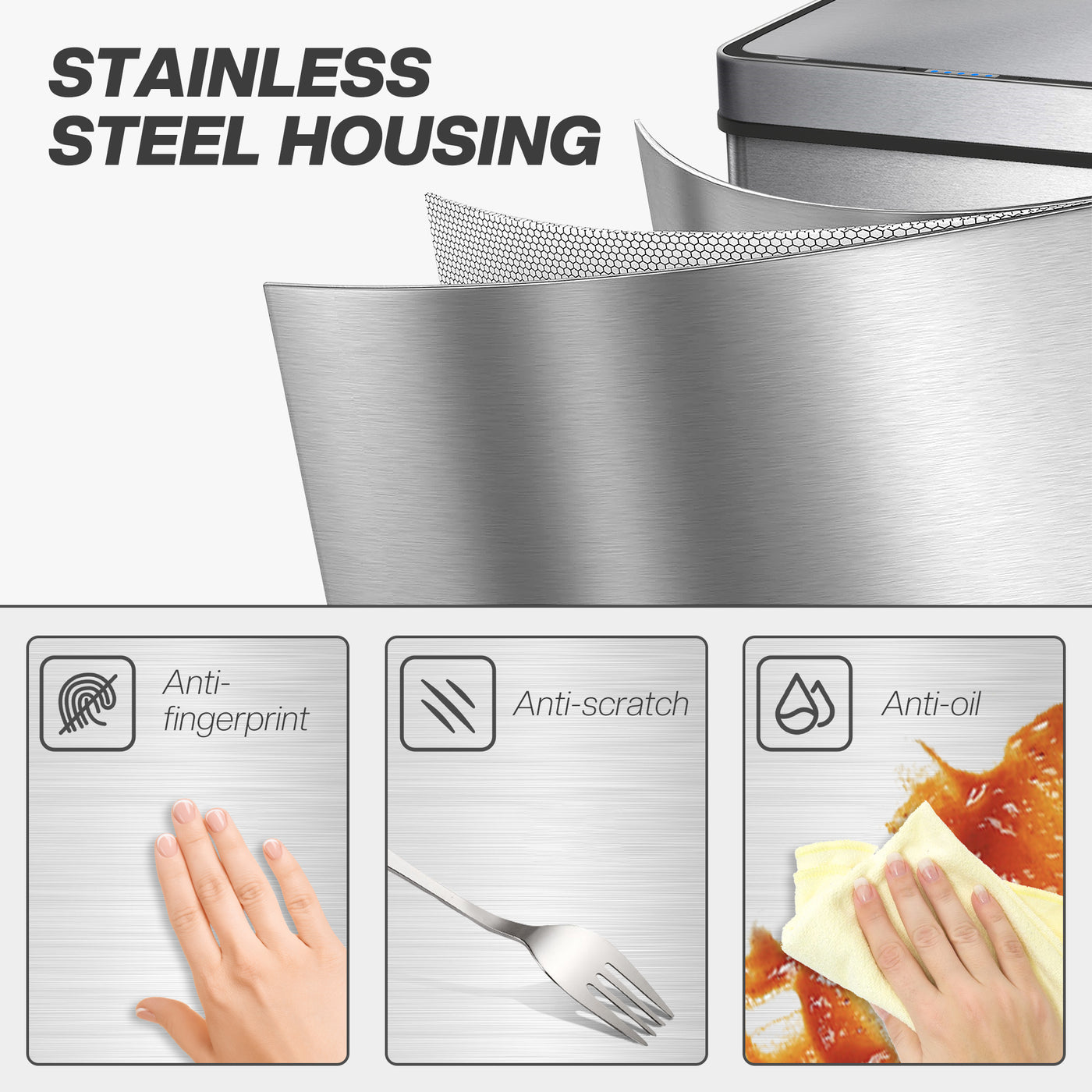 15.9 Gallon Sensor Can, Automatic Garbage Can with Soft-Close Lid, Fingerprint-Proof Stainless Steel, Silver
