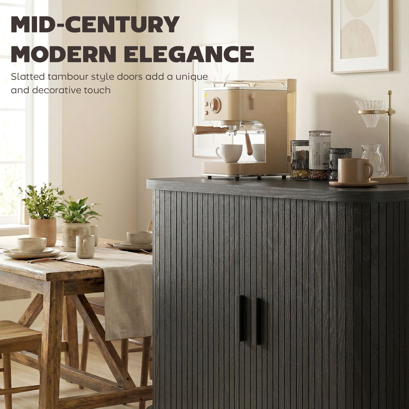 35.4" Sideboard Buffet Cabinet with Storage, Nordic Coffee Bar Cabinet with Slatted Tambour Doors and Metal Legs, Black