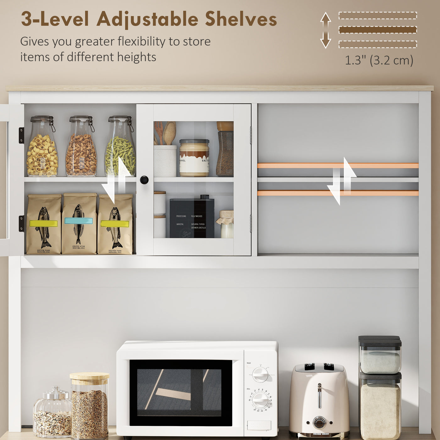 69" Kitchen Pantry Cabinet with Charging Station Kitchen Cabinet with Microwave Stand 7 Gallon Trash Can Cabinet White