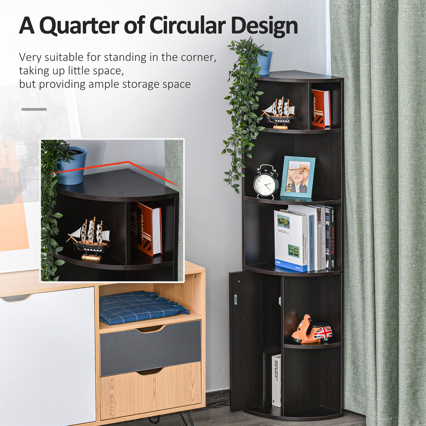 5-Tier Corner Bookcase, Storage Bookshelf, Freestanding Display Shelves with Open Compartments and Cabinet for Home Office, Living Room, Study, Black
