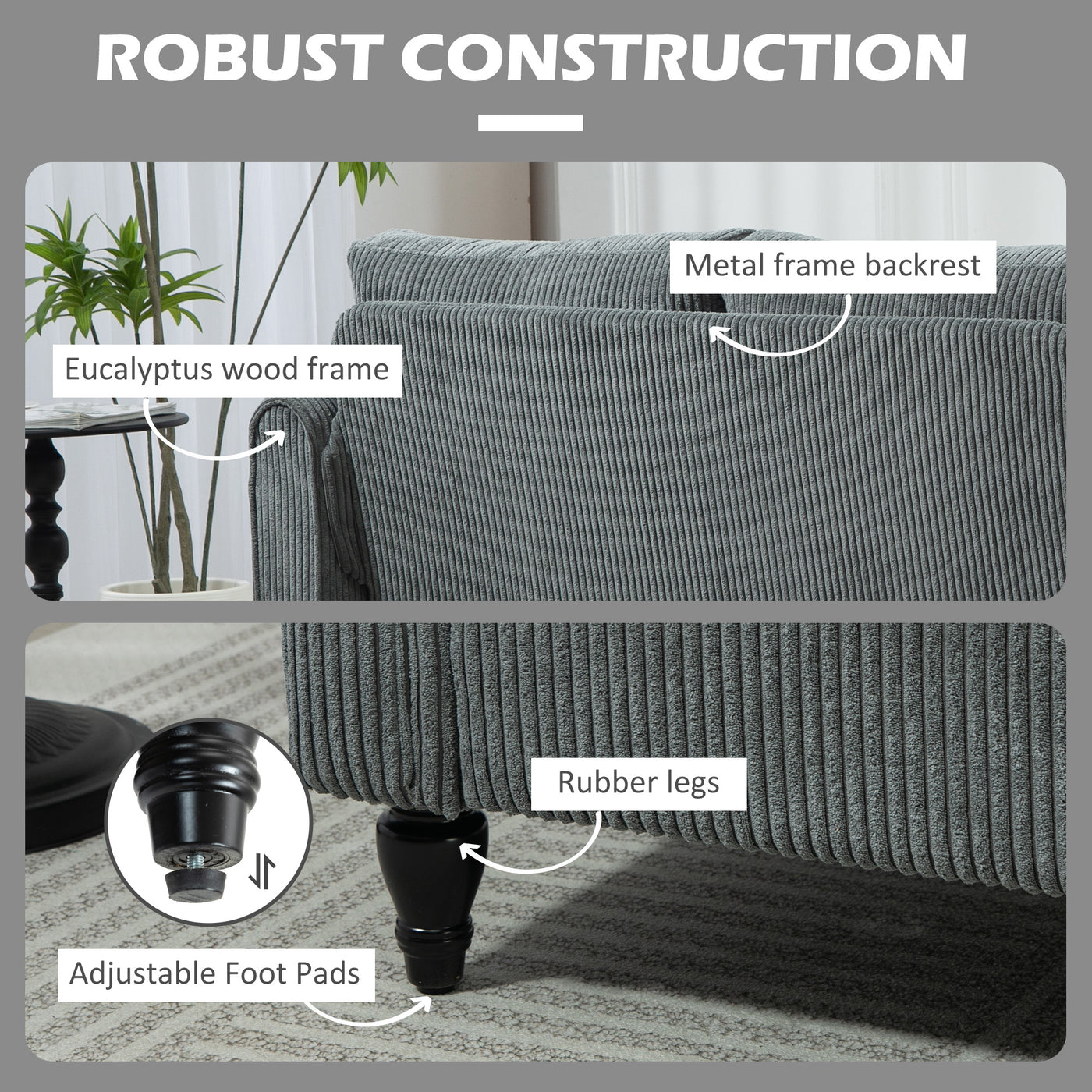 Vintage Loveseat, Upholstered Love Seat Furniture, Fabric 2 Seater Sofa with Rolled Arms, Rubber Wood Legs, Grey