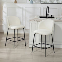 Set of 2 Counter Height Barstools, Upholstered Linen Bar Stools with Backrest, Footrest and Steel Legs, Cream White