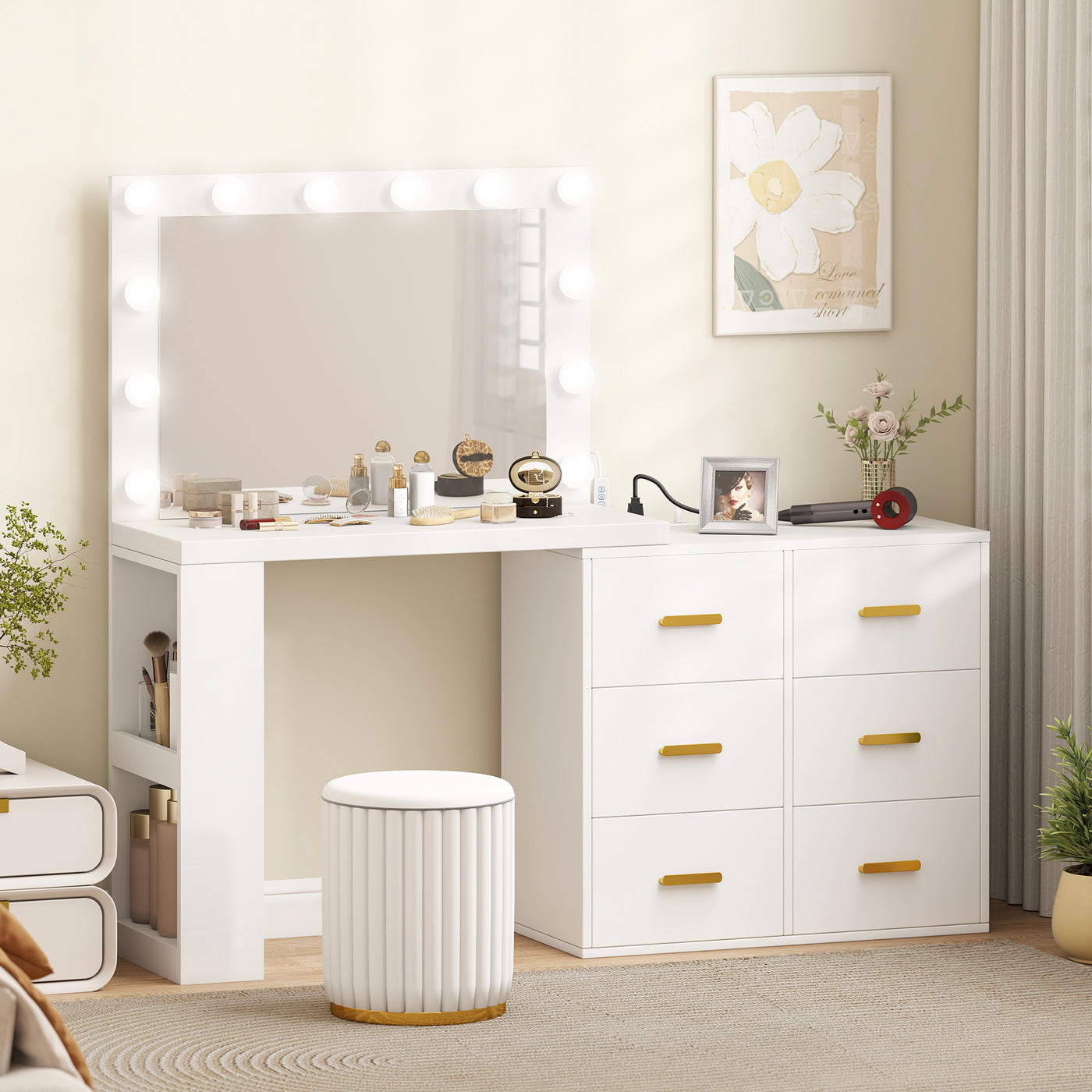 Vanity Desk with Mirror and 12 LED Lights, Makeup Table w/ Power Outlet, 3 Light Colour, 6 Drawers and 2 Shelves, White