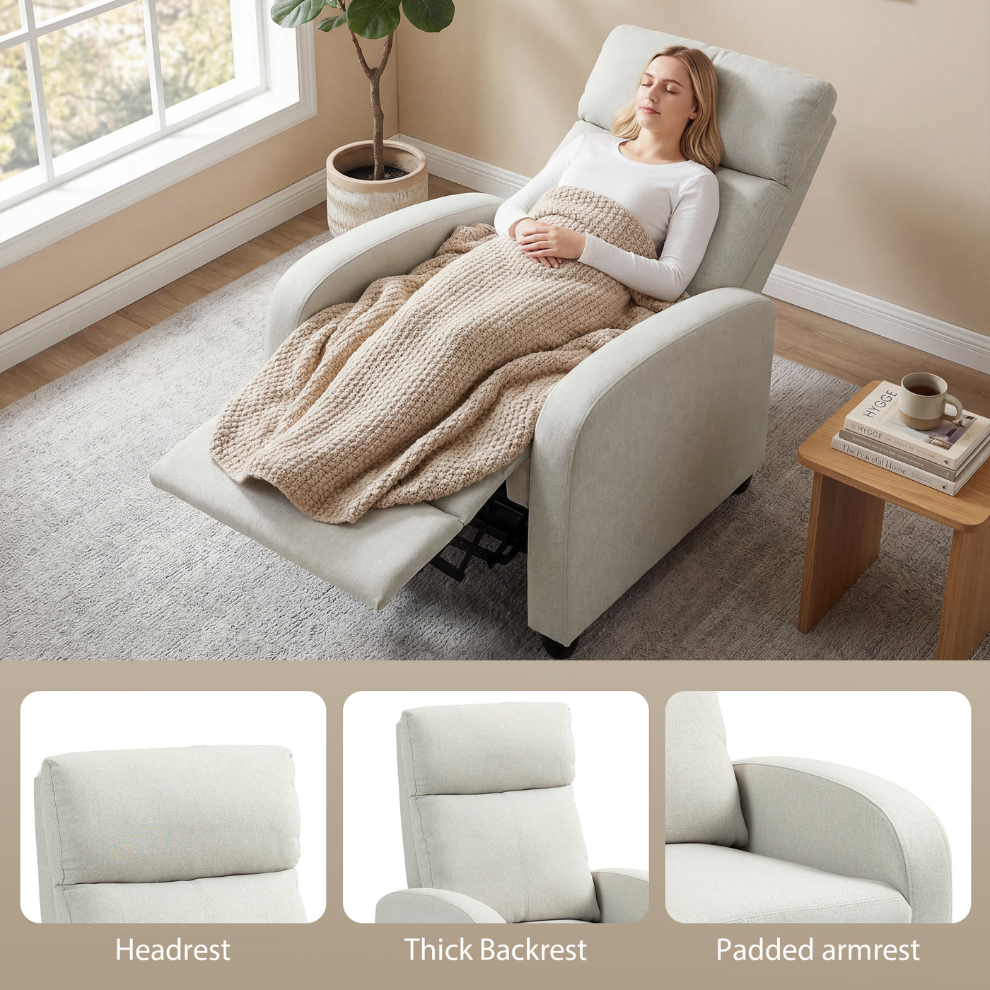 Fabric Recliner Chair Manual Home Theater Seating Single Reclining Sofa Chair with Padded Seat, Cream White