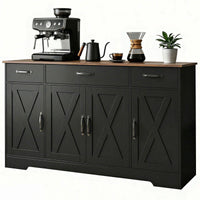 Sideboard Buffet Cabinet, 55" Farmhouse Kitchen Cabinet with 4 Barn Doors, 3 Drawers, 3 Adjustable Shelves, Black
