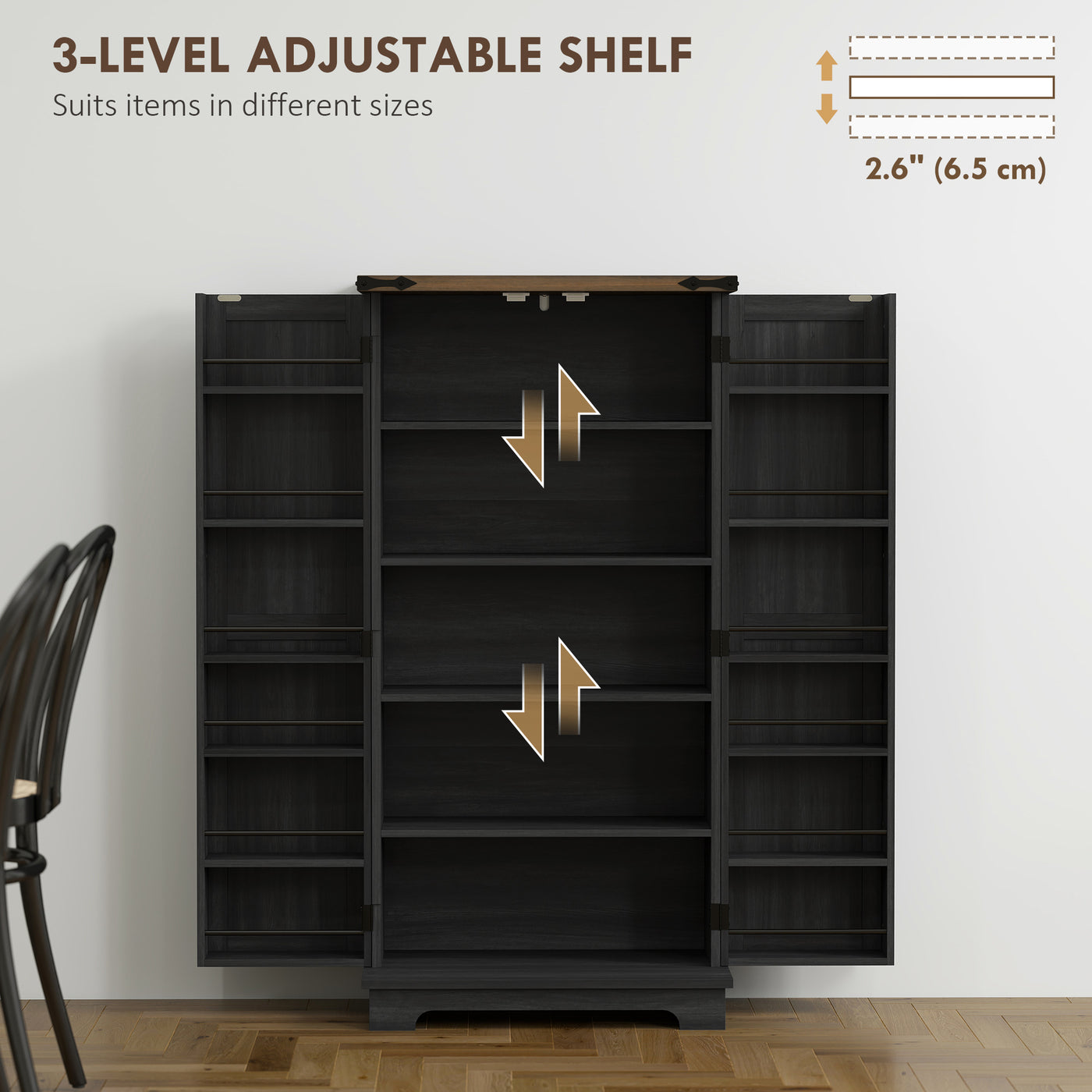 47" Kitchen Pantry Storage Cabinet, Farmhouse Kitchen Pantry Cabinet with Adjustable Shelves and Door Shelves, Black