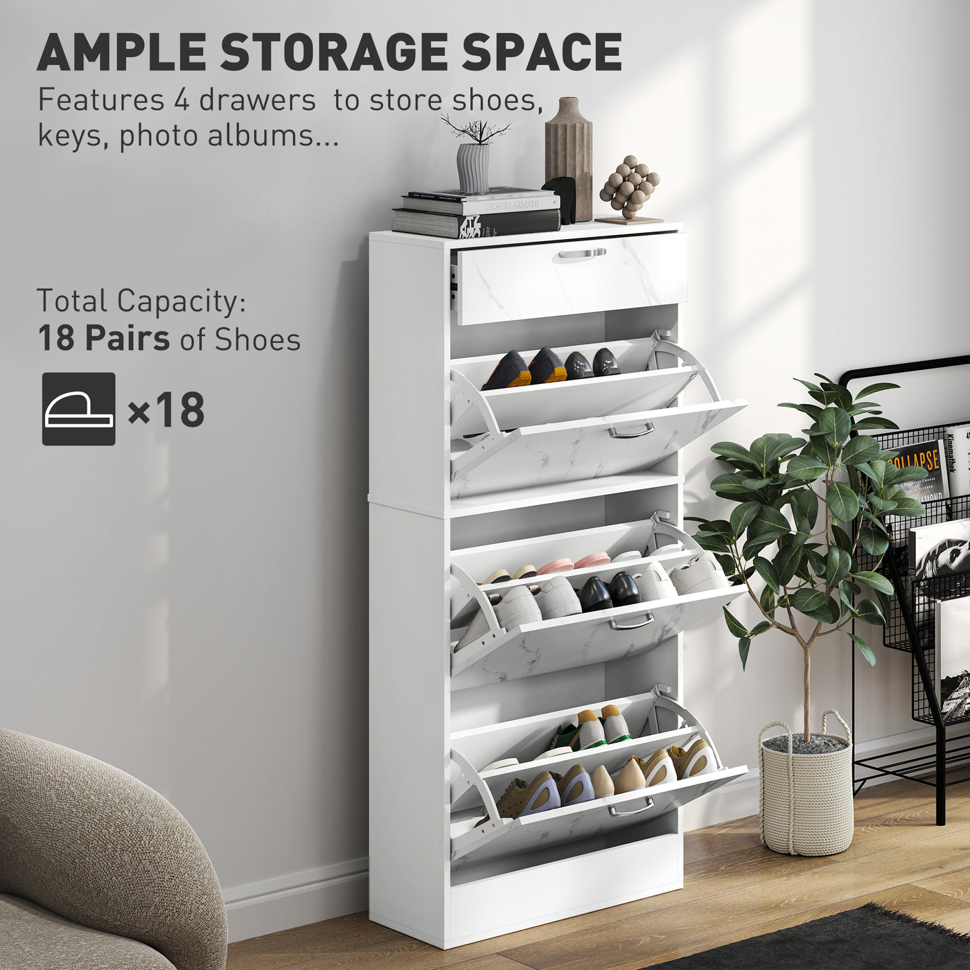 3 Flip Drawer Shoe Cabinet, Marble-Effect Narrow Shoe Storage Cabinet with Top Drawer and Adjustable Shelves, White